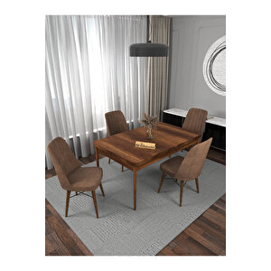 Riff Serisi , 80x130 Kapalı 80x170 Açılabilir Barok Mutfak Masa Takımı 4 Kahverengi Sandalye