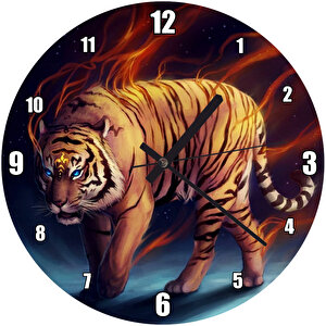 Ateş Saçan Kaplan Mavi Gece Duvar Saati