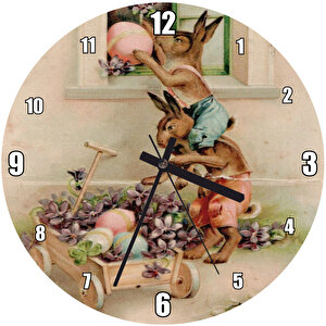 Paskalya Kartı Tavşanlar Çiçekler Görseli Duvar Saati