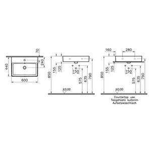 Vitra Nuo 7432b003-0001 Tezgah Üstü Lavabo, Armatür Delikli , Beyaz, 60x44cm