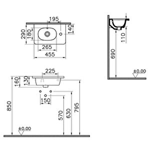 Vitra Zentrum 7789b003-0029 Sağ Armatür Delikli Etajerli Lavabo, 45x28, Beyaz