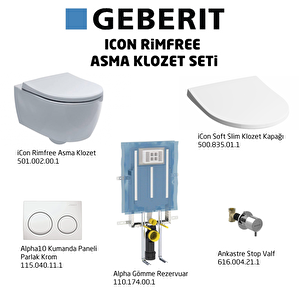 Geberit Icon Rimfree Alpha10 Soft Slim Asma Klozet Seti, Beyaz