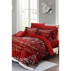 Yılbaşı Süsü Happy New Noel %100 Pamuk Saten 3d Çift Kişilik Nevresim Takımı