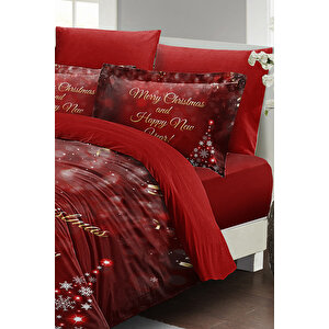 Yılbaşı Süsü Happy New Noel %100 Pamuk Saten 3d Çift Kişilik Nevresim Takımı