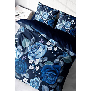Blue Flower 3d Pamuk Saten Çift Kişilik Nevresim Takımı