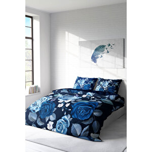 Blue Flower 3d Pamuk Saten Çift Kişilik Nevresim Takımı