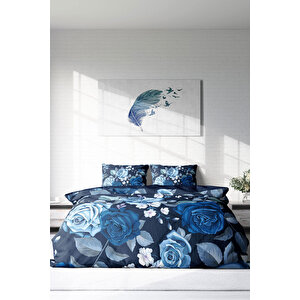 Blue Flower 3d Pamuk Saten Çift Kişilik Nevresim Takımı