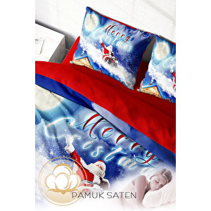 Monohome Yılbaşı Süsü Blue Noel %100 Pamuk Saten 3d Çift Kişilik Nevresim Takımı
