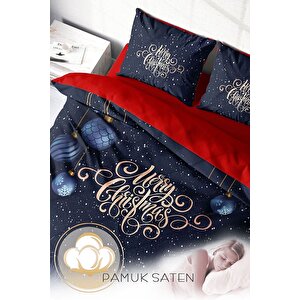 Monohome Yılbaşı Süsü Blue & Red Noel %100 Pamuk Saten 3d Çift Kişilik Nevresim Takımı