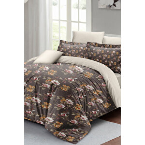 Retro Flowers Luxury Çift Kişilik Pamuk Saten Nevresim Takımı