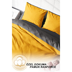 Monohome Deluxe Çift Taraflı Pamuk Ranforce Çift Kişilik Nevresim Takımı Gri - Sarı