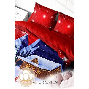 Monohome Yılbaşı Süsü House Noel %100 Pamuk Saten 3d Çift Kişilik Nevresim Takımı
