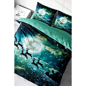 Yılbaşı Nevresim Takım %100 Doğal Pamuk Saten Noel Çift Kişilik Deer