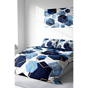 Blue Hexagon 3d Pamuk Saten Çift Kişilik Nevresim Takımı