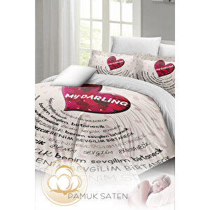 Monohome Sevgililer Günü Çift Kişilik Nevresim Takımı%100 Pamuk Saten Darling White