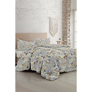 Grey Yellow Roses Luxury Çift Kişilik Pamuk Saten Nevresim Takımı