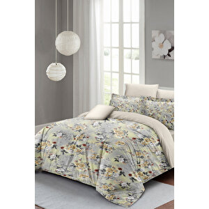 Grey Yellow Roses Luxury Çift Kişilik Pamuk Saten Nevresim Takımı