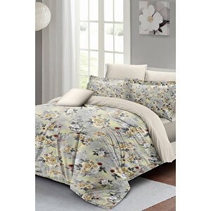 Grey Yellow Roses Luxury Çift Kişilik Pamuk Saten Nevresim Takımı