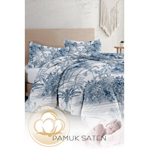 Çift Kişilik Nevresim Takımı Özel Dokuma Pamuk Saten Tuval Koleksiyonu Tropical İsland İndigo