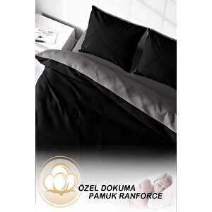 Monohome Deluxe Çift Taraflı Pamuk Ranforce Çift Kişilik Nevresim Takımı Siyah/gri