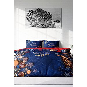 Yılbaşı Süsü Merry Christmas Çift Kişilik 3d Nevresim Takımı Pamuk Saten Blue