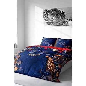 Yılbaşı Süsü Merry Christmas Çift Kişilik 3d Nevresim Takımı Pamuk Saten Blue