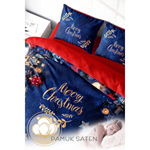 Monohome Yılbaşı Süsü Merry Christmas Çift Kişilik 3d Nevresim Takımı Pamuk Saten Blue