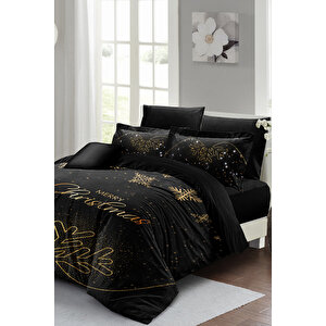 Yılbaşı Süsü Black Noel %100 Pamuk Saten 3d Çift Kişilik Nevresim Takımı