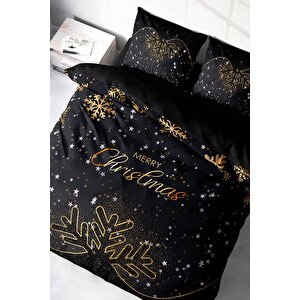 Yılbaşı Süsü Black Noel %100 Pamuk Saten 3d Çift Kişilik Nevresim Takımı
