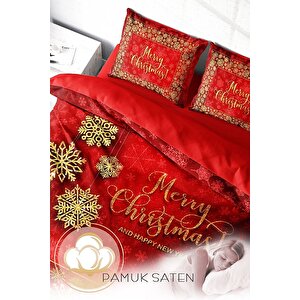 Monohome Yılbaşı Süsü Merry Kırmızı Noel %100 Pamuk Saten 3d Çift Kişilik Nevresim Takımı