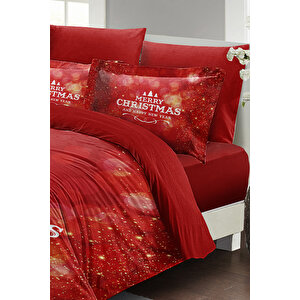Yılbaşı Süsü Merry Red Noel %100 Pamuk Saten 3d Çift Kişilik Nevresim Takımı