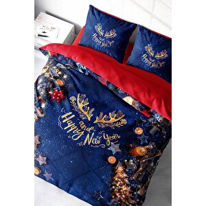 Yılbaşı Süsü Happy Noel %100 Pamuk Saten 3d Çift Kişilik Nevresim Takımı