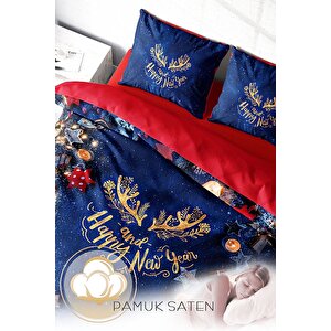 Monohome Yılbaşı Süsü Happy Noel %100 Pamuk Saten 3d Çift Kişilik Nevresim Takımı