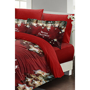 Yılbaşı Süsü Red Stars Noel %100 Pamuk Saten 3d Çift Kişilik Nevresim Takımı