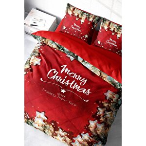 Yılbaşı Süsü Red Stars Noel %100 Pamuk Saten 3d Çift Kişilik Nevresim Takımı