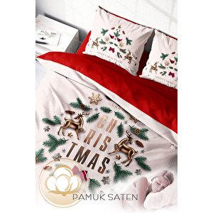 Monohome Yılbaşı Süsü White Noel %100 Pamuk Saten 3d Çift Kişilik Nevresim Takımı