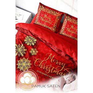 Monohome Yılbaşı Süsü Merry Christmas Çift Kişilik 3d Nevresim Takımı Pamuk Saten Kırmızı