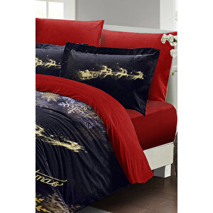 Yılbaşı Süsü Black & Red Noel %100 Pamuk Saten 3d Çift Kişilik Nevresim Takımı