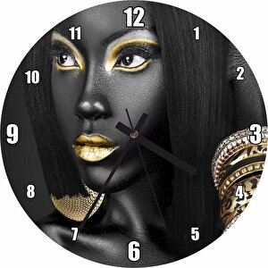 Siyahi Kadının Altın Rengi Aksesuar Ve Makyajı Duvar Saati