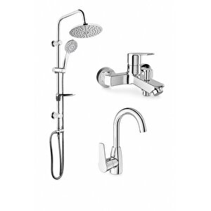 KALE Mare Banyo Döner Lavabo Bataryası ve Tema 53230 Rain Tondo Tepe Duş Seti Krom Banyo Seti