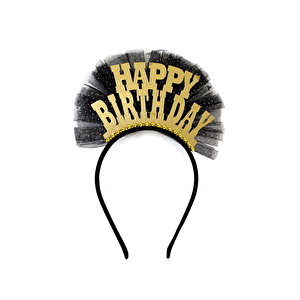Happy Birthday Altın Pleksi Taç Siyah Tüllü Doğum Günü Parti Tacı