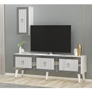 Scala Lazer Desenli Tv Ünitesi Beyaz Gümüş 150 Cm