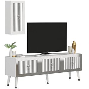 Scala Lazer Desenli Tv Ünitesi Beyaz Gümüş 150 Cm