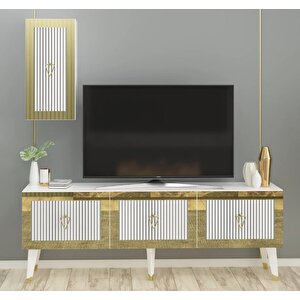 Scala Lazer Desenli Tv Ünitesi Beyaz Altın 150 Cm