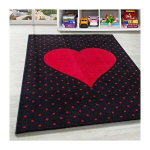 Çocuk Bebek Odası Halısı Kalp Puan Desenli Halı Kırmızı Siyah 160x230 cm