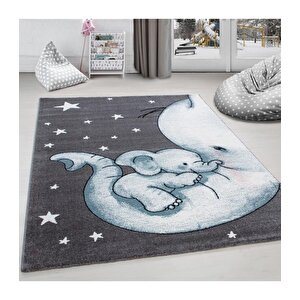 Çocuk Halısı Fil Ve Yıldız Desenli Gri-mavi-beyaz 80x150 cm