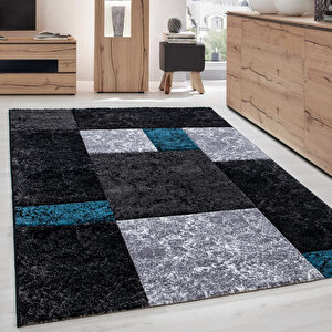Modern Desenli Oymalı Halı Kareli Tasarım Siyah Mavi Gri 160x230 cm