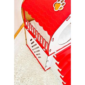 Dekoratif Ahşap Kedi Evi Teraslı 2 Katlı Merdivenli Kedi Evi Kırmızı - Beyaz