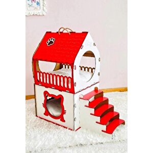 Dekoratif Ahşap Kedi Evi Teraslı 2 Katlı Merdivenli Kedi Evi Kırmızı - Beyaz