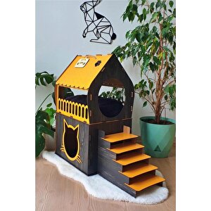 Dekoratif Ahşap Kedi Evi Teraslı 2 Katlı Merdivenli Kedi Evi Turuncu - Koyu Kahverengi